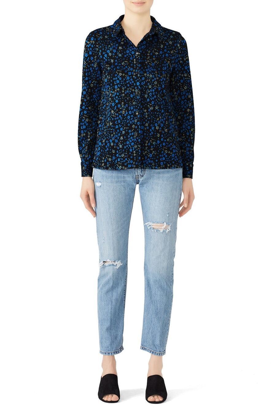 STINE GOYA Black Blue Metallic Button Front Floral Lucian Long Sleeve Top sz XS